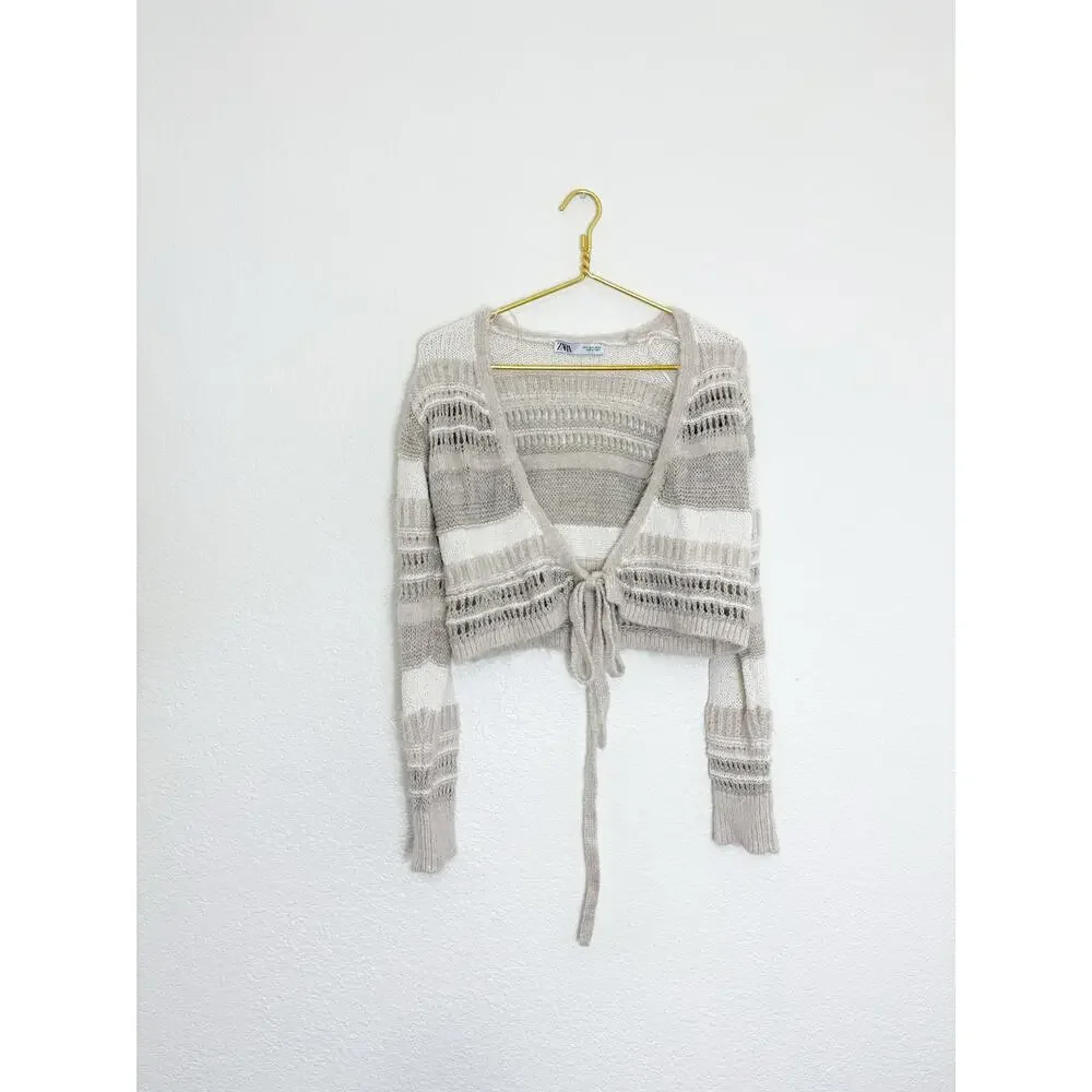 Zara Beige Knit Wrap Cropped Sweater Top Size Small 6771/005 Bohemian Chic